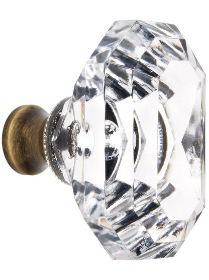 German Crystal Faceted Oval Knob With Solid Brass Base In Antique Brass.